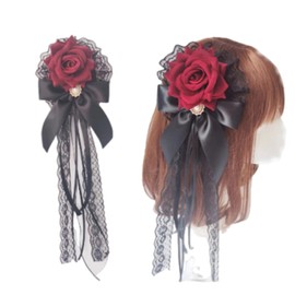 Ribbon Hair Accessory Rose Hair Ornament, Flowers, Gothic Lolita, Mine Type, Subcal Type, Hairpin, Hair Clip, Large, Accessory, Velvet, Women's Black