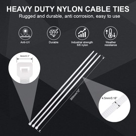 12 Inch Zip Cable Ties (100 Pieces), Self-Locking Premium Nylon Cable Wire Ties,Heavy Duty White, for Indoor and Outdoor by Boacua