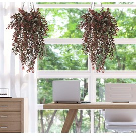Artificial Hanging Vine Plants, Fake Foliage Ivy Plant Plastic Leaves Vines UV Resistant Greenery Faux Flowers Decor Home Indoor Outdoor Garden Door Wall Wedding Party Decoration Red 4 Pack