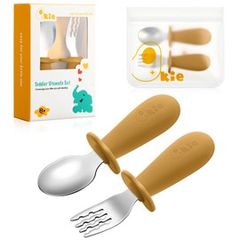 Qkie Spoon and Fork Set, Baby Food Spoon, Eat by Yourself, Baby Spoon Fork with Storage Bag for 8 Months and Up (Yellow)