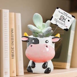 KYIZVE Cute Cow Planter with Positive Card – Animal Ceramic Succulent Pot, Emotional Support Cattle Present, Small Cactus Flower Pot for Home Decor (Cow, 1)