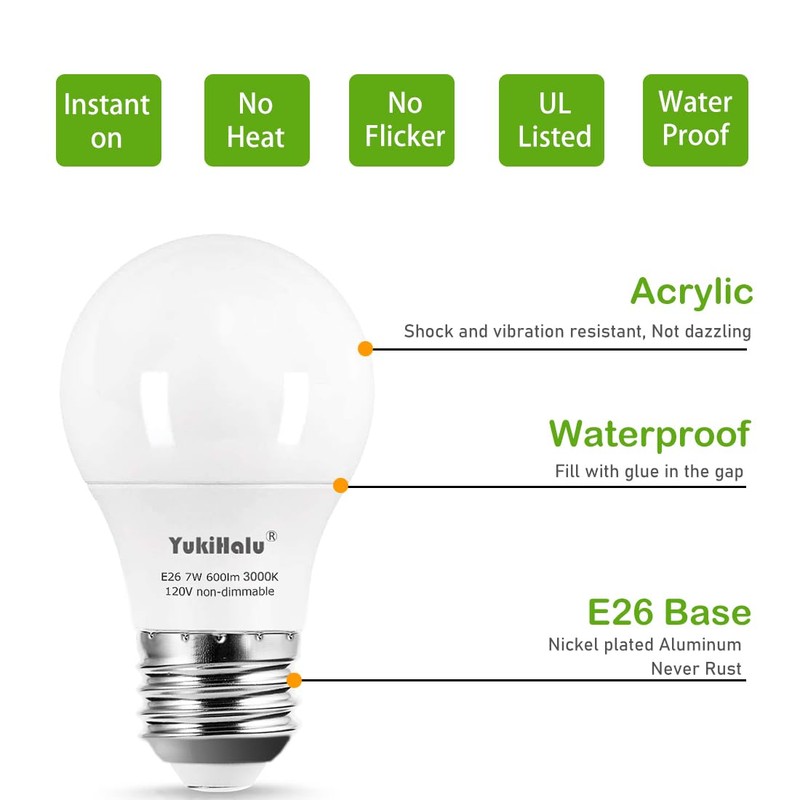 YukiHalu A15 LED Light Bulbs, 60W Equivalent, E26 Base, 2700K/3000K/5000K