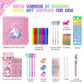 Fruit Scented Markers Set 56 Pcs with Glitter Unicorn Pencil Case & Stationery, Art Supplies for Kids Ages 4-6-8, Art Coloring Kits Box, Gifts Toy for Girls Age 5,7,Gel Pen,Pencil&Crayon Drawing Stuff