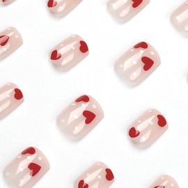 Valentine's Day Press On Nails Short Square Fake Nails Red Pink Glossy Acrylic Nails Red Heart Pattern Nails Glue on Nails Artificial False Nails with Design for Women Girls 24 Pcs