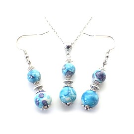 Stainless steel necklace and earrings set with blue and purple tinted white jade beads pendant and Tibetan beads