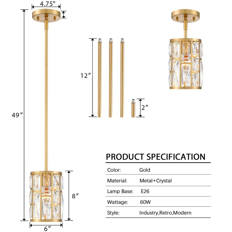 Modern Crystal Pendant Light Fixture 2-Pack Gold Finish Hanging Lighting