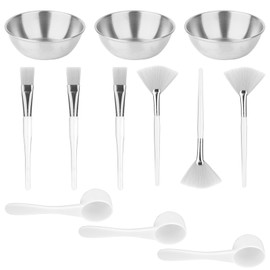 12pcs Esthetician Supplies for Facials Set, Including 3 Facial Bowls, 3 Fan Brushes, 3 Brushes & 3 Scoop for Women Cosmetic Mask Mixing Set Make up Tool (Silver)