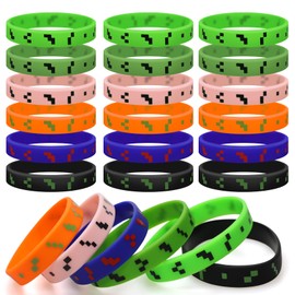 Randota 24 Pcs Pixel Silicone Bracelets for Kids - Party Favors, Birthday Decorations, Valentines Day Classroom Gifts, Small Size Geometric Theme Wristbands