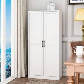 Pantry Cabinet, Kitchen Food Metal Pantry Cabinet, 59" H White Metal Locker Storage Cabinets with 2 Doors and Shelves for Kitchen, Dining Room, Living Room and Bathroom