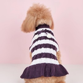 Jecikelon Striped Dog Sweater Dress Knit Turtleneck Puppy Clothes Winter Warm Pet Knitwear Dresses for Small Dogs Cats Pullover Outfits with Pom Pom Ball (Medium, Purple)