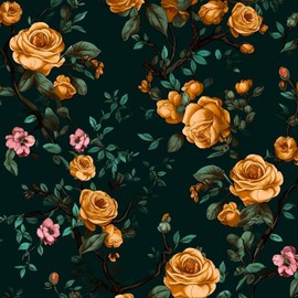 Fvlow Dark Green Floral Peel and Stick Wallpaper Vintage Wallpaper Vinyl Wrap Kitchen Worktop Covering Self Adhesive Thick Orange Flowers Contact Paper for Cabinets Drawers Sticker Decor 17.4" x 118"