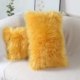 OYIMUA Mustard Yellow 12 x 20 Inches Cushion Covers Pack of 2 Fluffy Soft Faux Fur Square Pillowcases, Luxury Home Decorative Super Soft Plush Pillow Covers Case 30x50cm for Sofa Bed Living Room