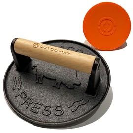 OUTDO.MXT Cast Iron 7" Smash Burger Press,Heavy Duty 2.5lb Burger Smasher with Wood Handle and Silicone Protective Cover for Griddle,Grill Press for Hamburger, Bacon, Steak, Barbecue Grilling Tool