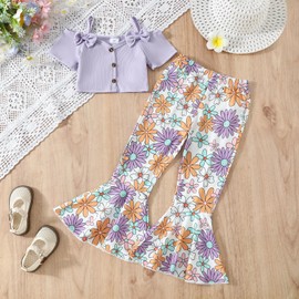 Nicoxijia Infant Toddler Baby Girl 4th of July Outfits Ribbed Bowknot Cold Shoulder Crop Top Floral Flared Pants Clothes Set (Purple, 7 Years)