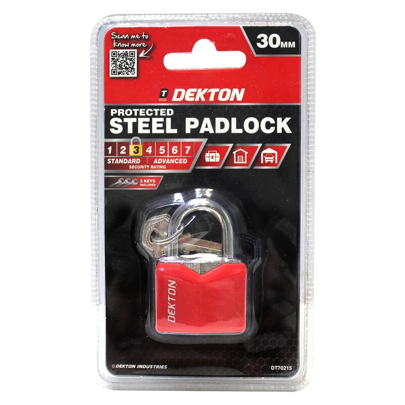DEKTON DT70215 30MM Covered Steel Padlock, Black and Red