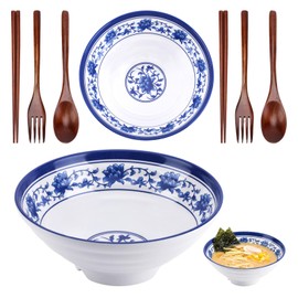 Gallipower 8" Faux Ceramic Ramen Bowl Set,2 Sets Asian Pho Udon Soup Noodle Bowls with Spoons and Chopsticks