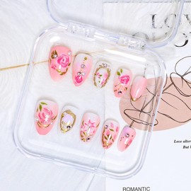 24Pcs Flower Press on Nails Almond Short Fake Nails with Pearl Rhinestones Design Handmade Acrylic Nails Pink Rose Glue on Nail 3D Gold Chrome French Tip False Nails Cute Floral Bow Artificial Nail