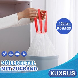 XUXRUS Drawstring Bin Liners 20 L Bin Bags with Carry Handle Strong Bin Bags Pack of 60 Extra Strong White Waste Bags
