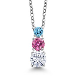 Gem Stone King Rhodium Plated Pink Moissanite 3 Stone Pendant for Women & Chain  Moissanite