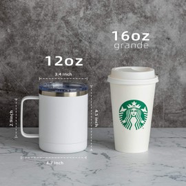 MEWAY - Taza de café de 12 oz con asa, paquete de 2 a granel, vasos de viaje aislados de acero inoxidable con tapa deslizante, taza de camping al vacío de doble pared (Blanco, Juego de 2)