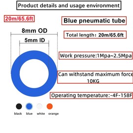 HUAZIZ 20 Metres PU Pneumatic Hose, Polyurethane Hose, Flexible Compressed Air Hose, 8 mm AD x 5 mm ID Blue + 1 x Hose Cutter