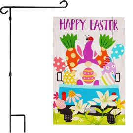UD_G128 Combo Pack: Garden Flag Stand Black 36 in x 16 in & Garden Flag Happy Easter Decoration Rabbit Gnome in Truck 12"x18" Do