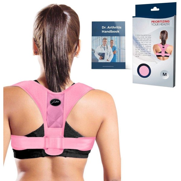 Doctor Developed Posture Support/Posture Correct/Stabilizer/Back Brace & Doctor Written Handbook - Fully Adjustable for Upper & Lower Back Pain & Support. Suitable for Men & Women (Pink, Medium)