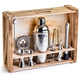 Mixology & Craft 11-Piece Bartender Kit with Wood Stand - Silver