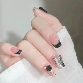 24Pcs Press on Nails with Black Flower Butterfly Gems Designs, Coffin Full Cover Reusable Short False Nails with Glue, Glue on Nails Square with Charm, Artificial Finger Acrylic Fake Nails for Women