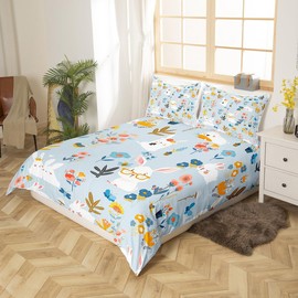Manfei Kids Rabbit Duvet Cover Set Twin Size, Cute Bunnies and Color Flowers Bedding Set 2pcs for Boys Girls, Cartoon Animals Comforter Cover Soft Polyester Quilt Cover with 1 Pillowcase,No Comforter