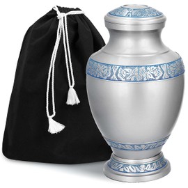 GSM Brands Cremation Urn for Adult Human Ashes - Large Handcrafted Funeral Memorial with Elegant Silver Design (Aluminum - 12 Inch Height x 7 Inch Width)