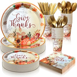 LFSTGN 175 PCS Thanksgiving Plates and Napkins Sets Includes Dinner Paper Plates Dessert Plates Napkins Cups Plastic Knives Forks Spoons Disposable Dinnerware Set With Maple Leaves Pumpkin(25 Guest)