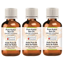 Greenwood Essential Pure Kukui Nut Oil (Aleurites Moluccanus) Natural Therapeutic Quality Cold Pressed (Pack of Three) 100 ml x 3 (10 oz)