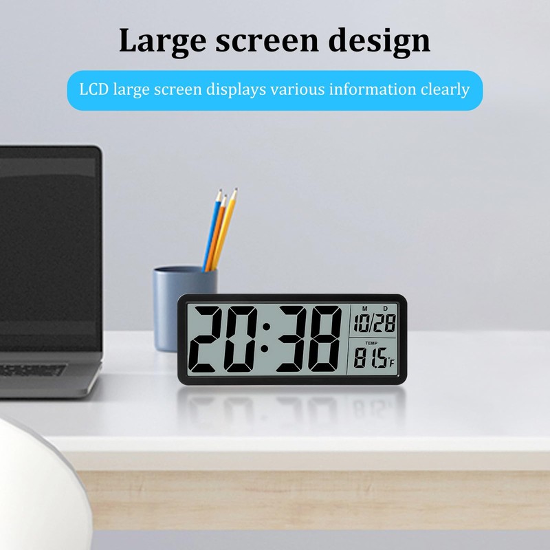 Silent Digital Wall Clock, with Large LED Temperature Display, Portable