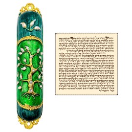 TALISMAN4U Enamel MEZUZAH CASE with Scroll Gold Plated Crystals Hand Painted Tree of Life Design Protection Door Mezuza from Israel Judaica Gift for Home (Green)