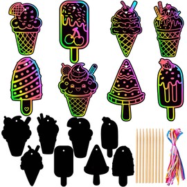 Qpout 48PCS Ice Cream Scratch Cards,Magic Rainbow Summer Sweet Dessert Scratch Off Cards, Fun DIY Activity for Kids, Birthday Party Favors, School Crafts, Hanging Ornaments Supplies