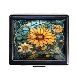 HowGuu 7 Days Chromed Shiny Silver Pill Organizer with Mirror Inside Has 8 Separate Compartments Rectangle 7 Days Pill Box Pill Case (Stained Glass Flower)