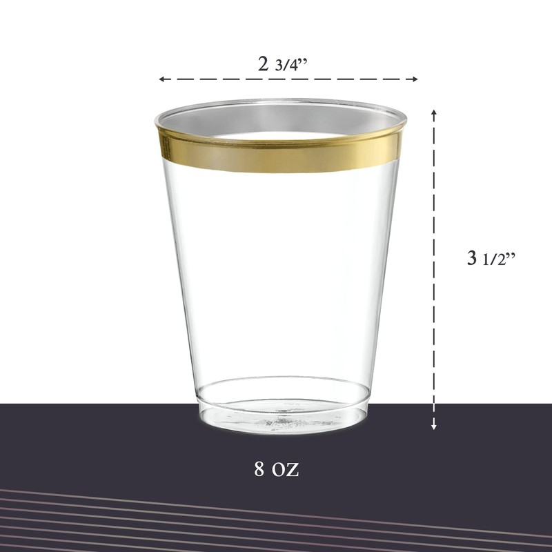 PLASTICPRO Disposable 8 oz Crystal Clear Plastic Tumblers With Gold