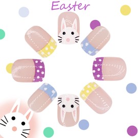 Easter Press on Nails Short Square Fake Nails Bunny False Nails Colorful French Tip Nails Press ons White Dot Glue on Nails Rabbit Acrylic Nails Glossy Easter Day Stick on Nails for Women Manicure