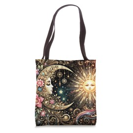 Heavenly Cosmic Day Night Sun Moon Stars Celestial Floral Tote Bag