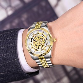 Verhux Skeleton Gold Watches for Men Automatic Luxury Diamond-Accented Mechanical Wrist Watches Business Stainless Steel Waterproof Charming Watches