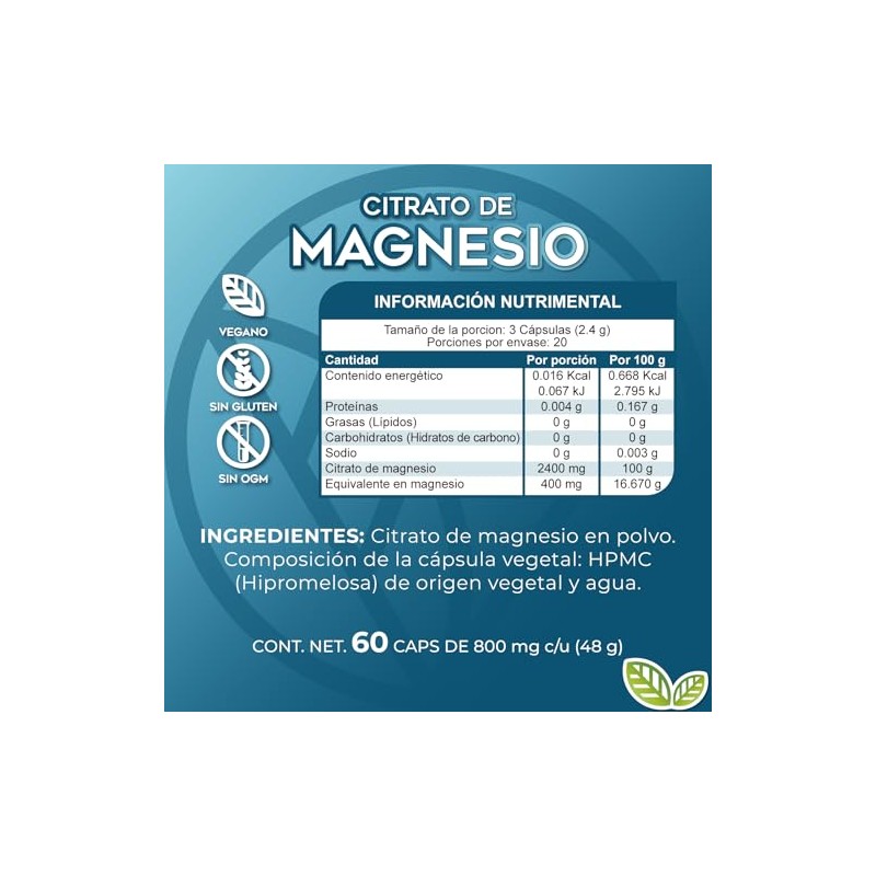Citrato de Magnesio frasco con 60 capsulas de 800mg c/u