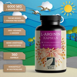 NatureWell L-Arginin 720 Kapseln vegan - mit 6000 mg L-Arginin aus pflanzlicher Fermentation (davon 6000mg reines L-Arginin) je Tagesdosis - Ohne Zus?tze - laborgeprft mit Zertifikat - 100% vegan - 2x360 Kaps.