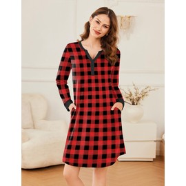 Ekouaer Womens Nightgown Long Sleeve Night Gown Button Down Sleepshirt Hospital Gown with Pockets Red and Black Plaid Medium