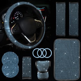 JINGSEN 11 Pcs Bling Car Accessories Set,Bling Car Accessories Set for Women, Bling Steering Wheel Cover for Women (Cyan)