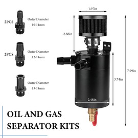 ZNDAW Oil Catch Can Kit, 2-Port Oil Separator Reservoir Tank with Breather Filter Drain Valve, Universal 150ml Billet Aluminum Baffled Catch Can with 5 Adapters, Car Accessories