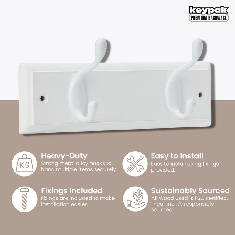 keypak 2-Hook Door Wall Mounted Coat Rack, 22.5cm - White