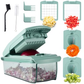 ook with Color Vegetable Chopper - Multifunctional 11 in 1 Vegetable Chopper with Container - Food Chopper to Dice, Chop, Slice, Julienne and Spiralize, Sage
