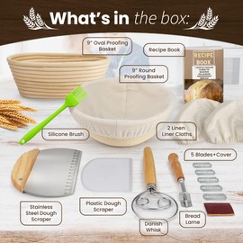 Casa Crest Sourdough Bread Baking Kit - Includes 1 Oval and 1 Round Banneton Basket for Proofing and Rising, Bowl Scraper, Cookbook, Liners, and Tools - Accessories and Supplies for Adults