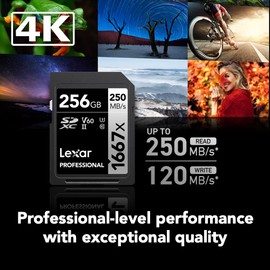 Lexar 256GB Professional 1667x SD Card, UHS-II, C10, U3, V60, Full HD, 4K, Up To 250MB/s Read SDXC Memory Card, for Professional Photographer, Videographer, Enthusiast (LSD256CBNA1667)